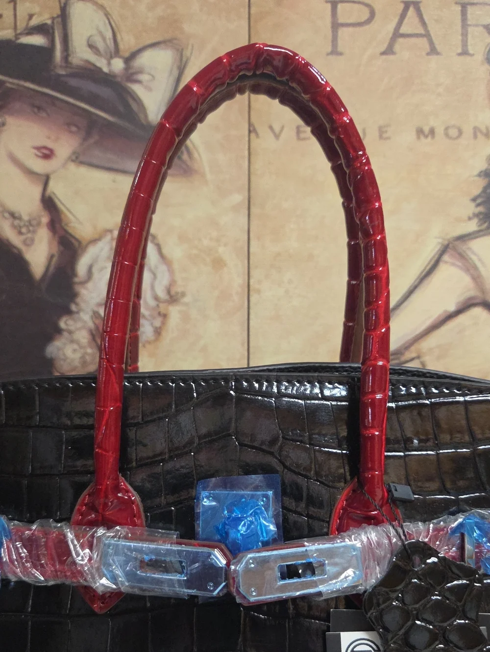 Santo By Paolo De Santo Black Croc-Embossed Tote with Red Trim
